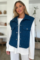 Front open view of Quilted Textured Peacock Blue Vest with Button Snaps