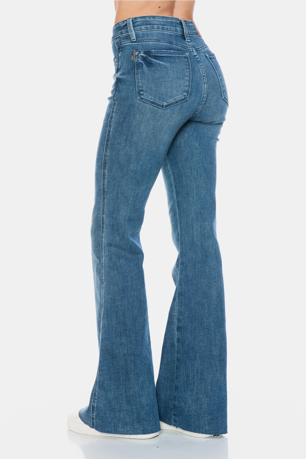 Judy Blue Mid Rise Tummy Control Cut Hem Flare Jeans in Vintage Wash back view