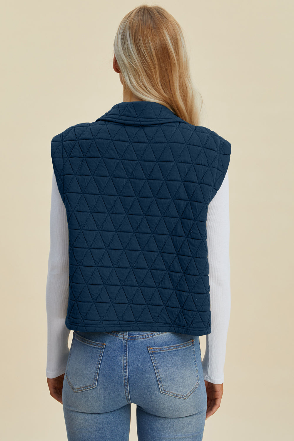 Back View of Quilted Textured Peacock Blue Vest with Button Snaps