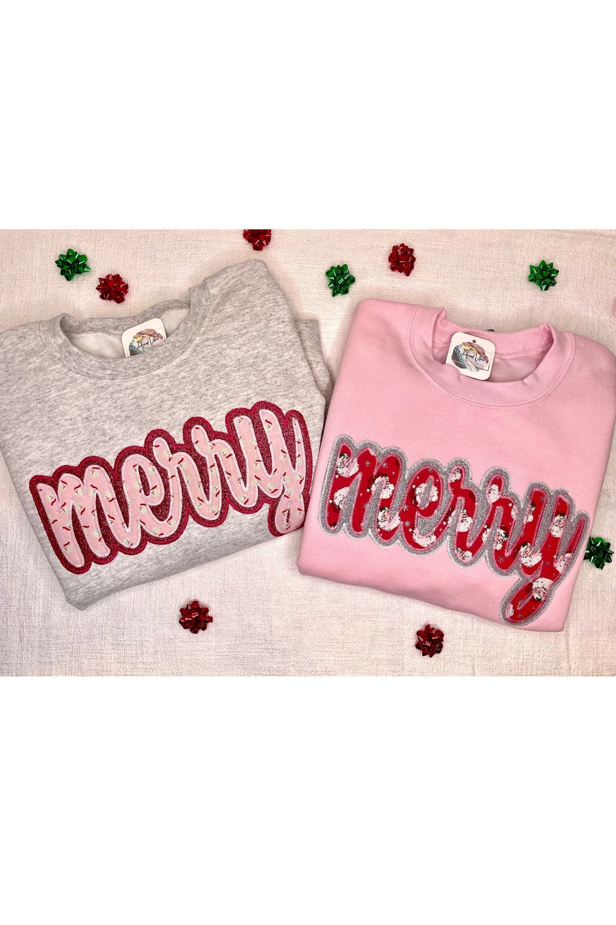 Christmas sweatshirts with word Merry across chest