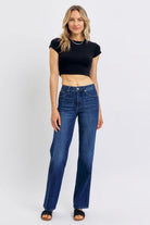 Judy Blue Tummy Control Straight Jeans in Dark Wash styled with black top