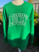 Embroidered Lucky Sweatshirt in white thread with clover on sleeve on Kelly Green sweatshirt