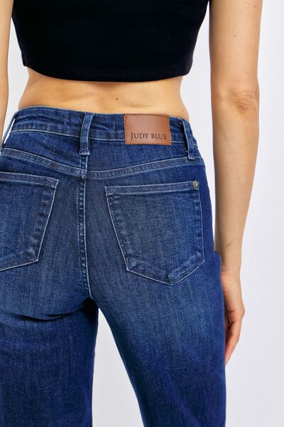 Judy Blue Tummy Control Straight Jeans in Dark Wash back view close up