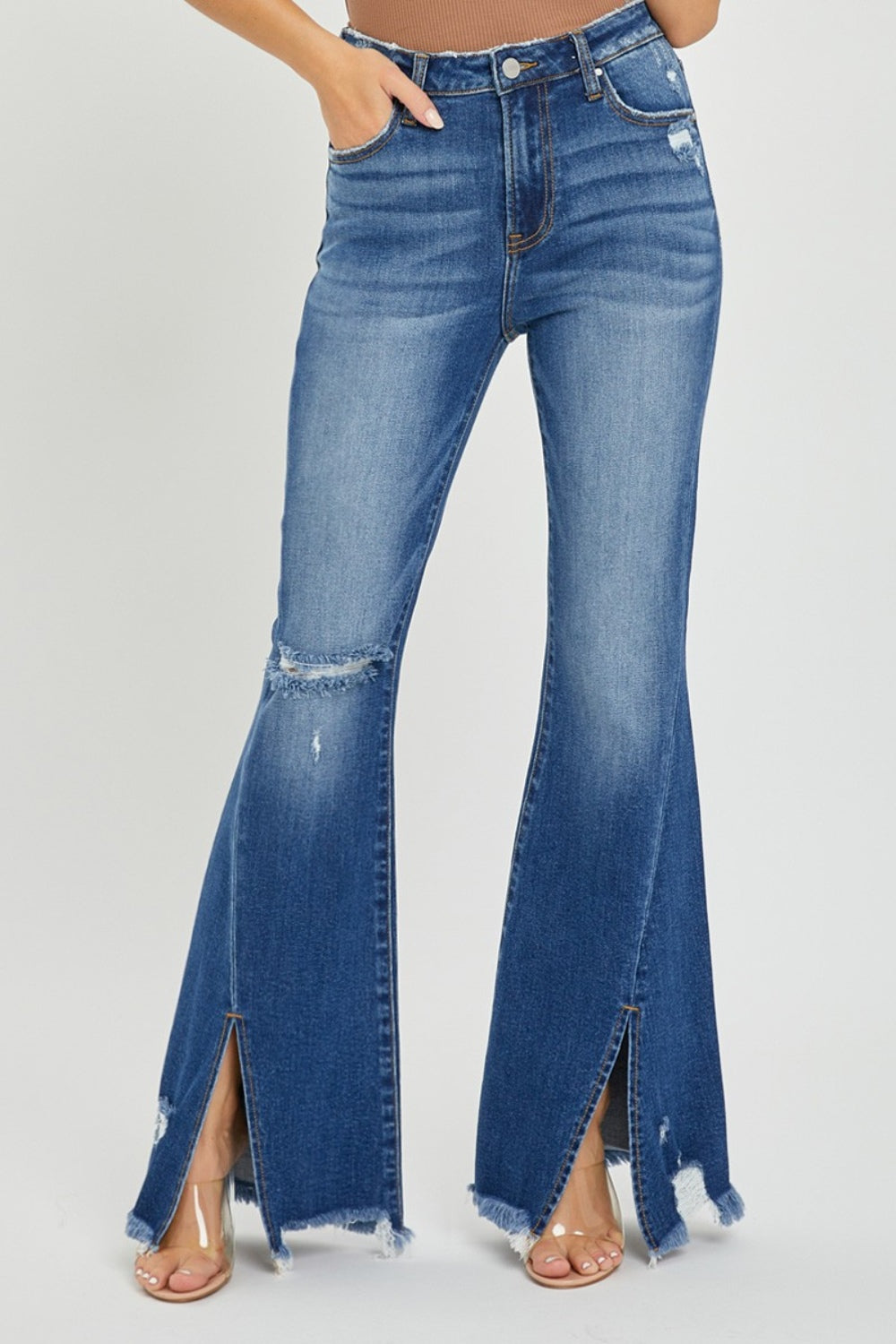 RISEN High Rise Front Slit Frayed Hem Flare Jeans in Dark Wash front view