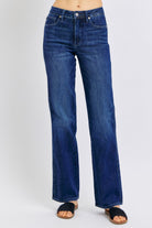 Judy Blue dark wash straight leg jeans on model