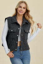 Front open View of Quilted Textured Black Vest with Button Snaps and front pockets