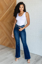 Judy Blue Mavis High Rise Side Seam Detail Flare Jeans styled with white tank top and strappy chunky heels