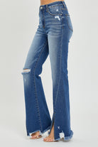 RISEN High Rise Front Slit Frayed Hem Flare Jeans in Dark Wash Side view