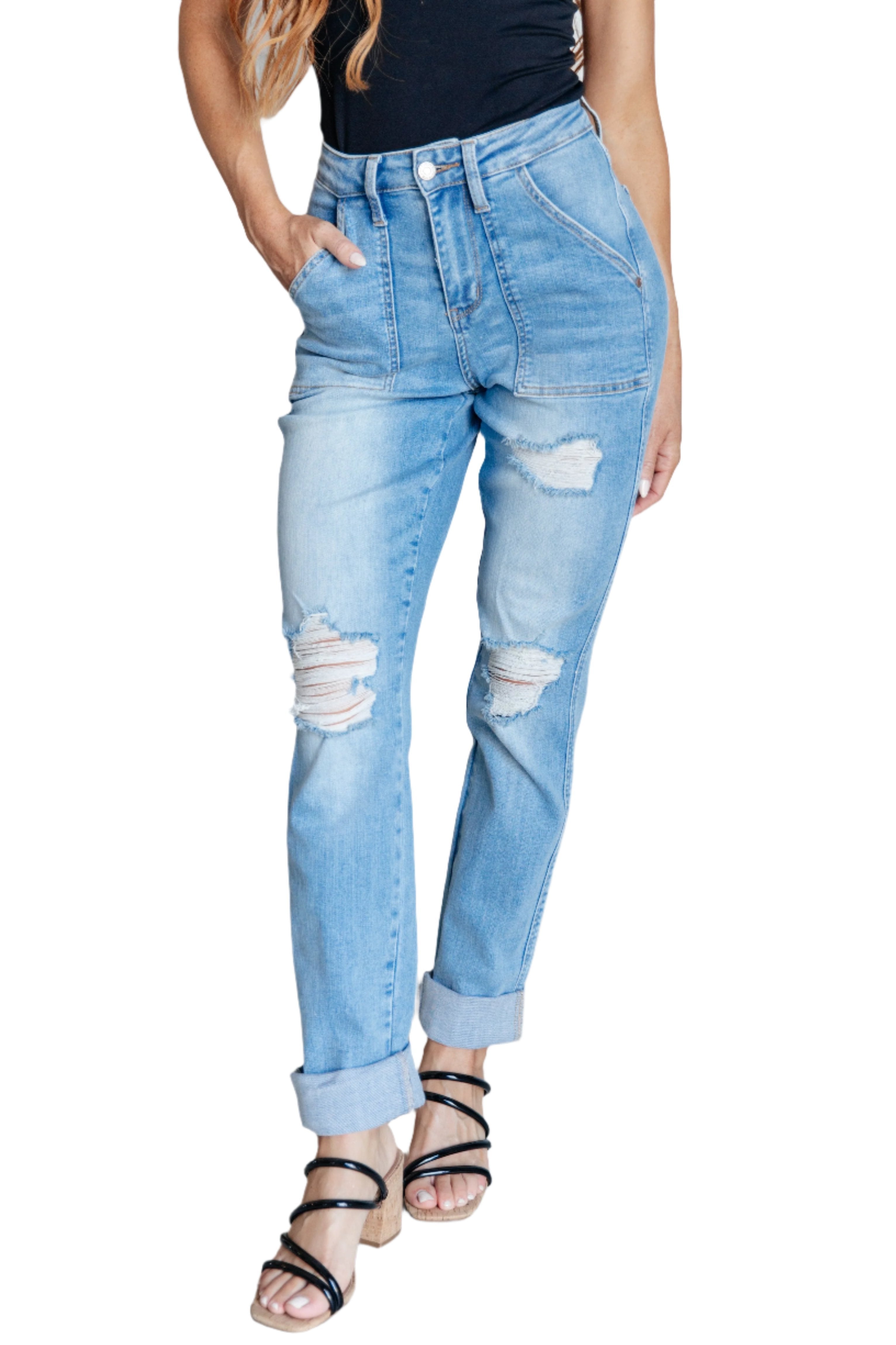 Aiden High Rise Patch Pocket Distressed Boyfriend Jeans on Sarah size 0 with hem rolled