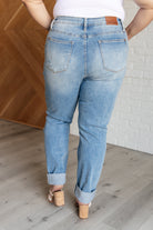 Back view of Aiden High Rise Patch Pocket Distressed Boyfriend Jeans on Ashley siz 16W