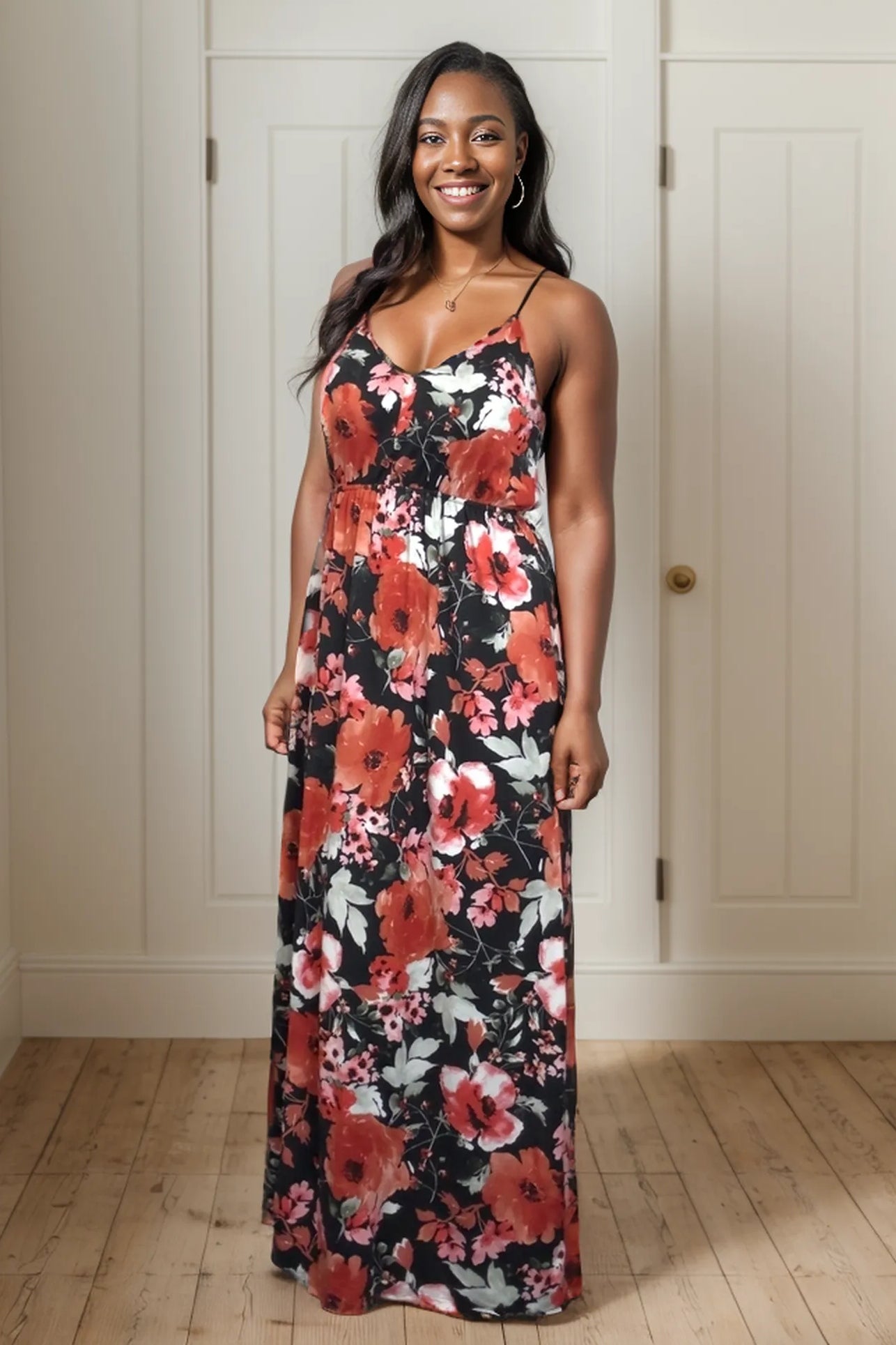 Beauty in Darkness Maxi Dress by White Birch with red and white florals