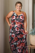 Beauty in Darkness Maxi Dress by White Birch with beautiful floral print and spaghetti straps