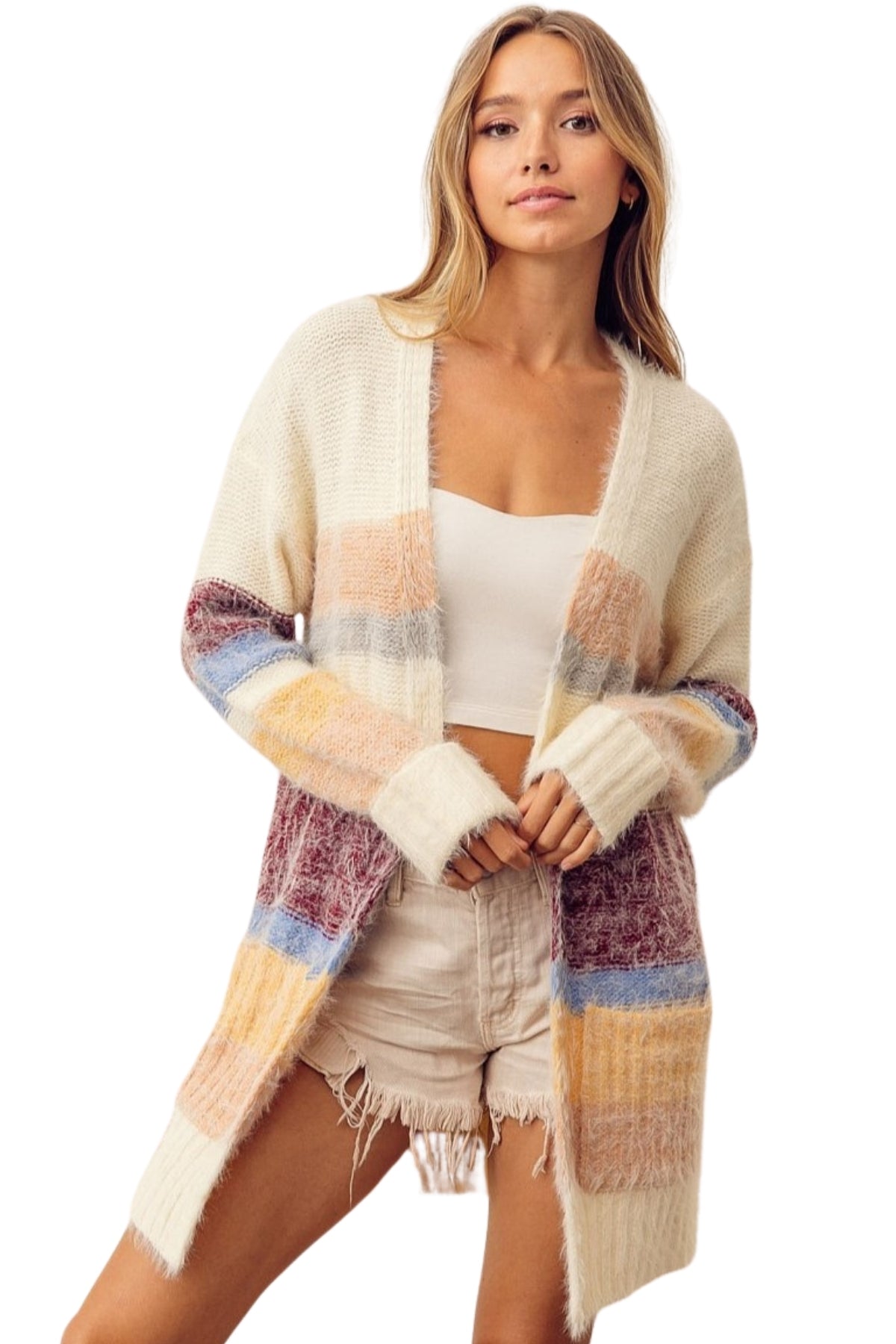 Color Block Fuzzy Eyelash Cardigan Sweater