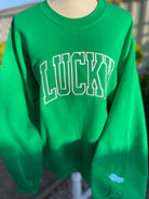 Embroidered Lucky Sweatshirt with clover on sleeve on Kelly Green sweatshirt