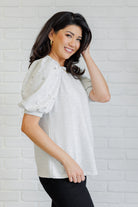 Diamonds and Pearls Puff Sleeve Top in Light Grey on Sabrina side photo