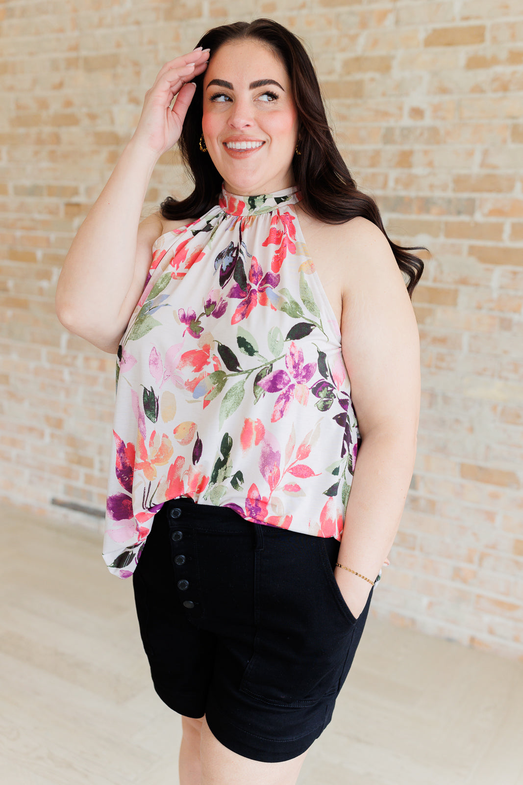 Feeling Lovely Floral Halter Blouse by White Birch styled with black Judy Blue shorts