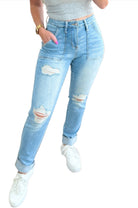 Judy Blue Aiden High Rise Patch Pocket Distressed Boyfriend Jeans silhouette