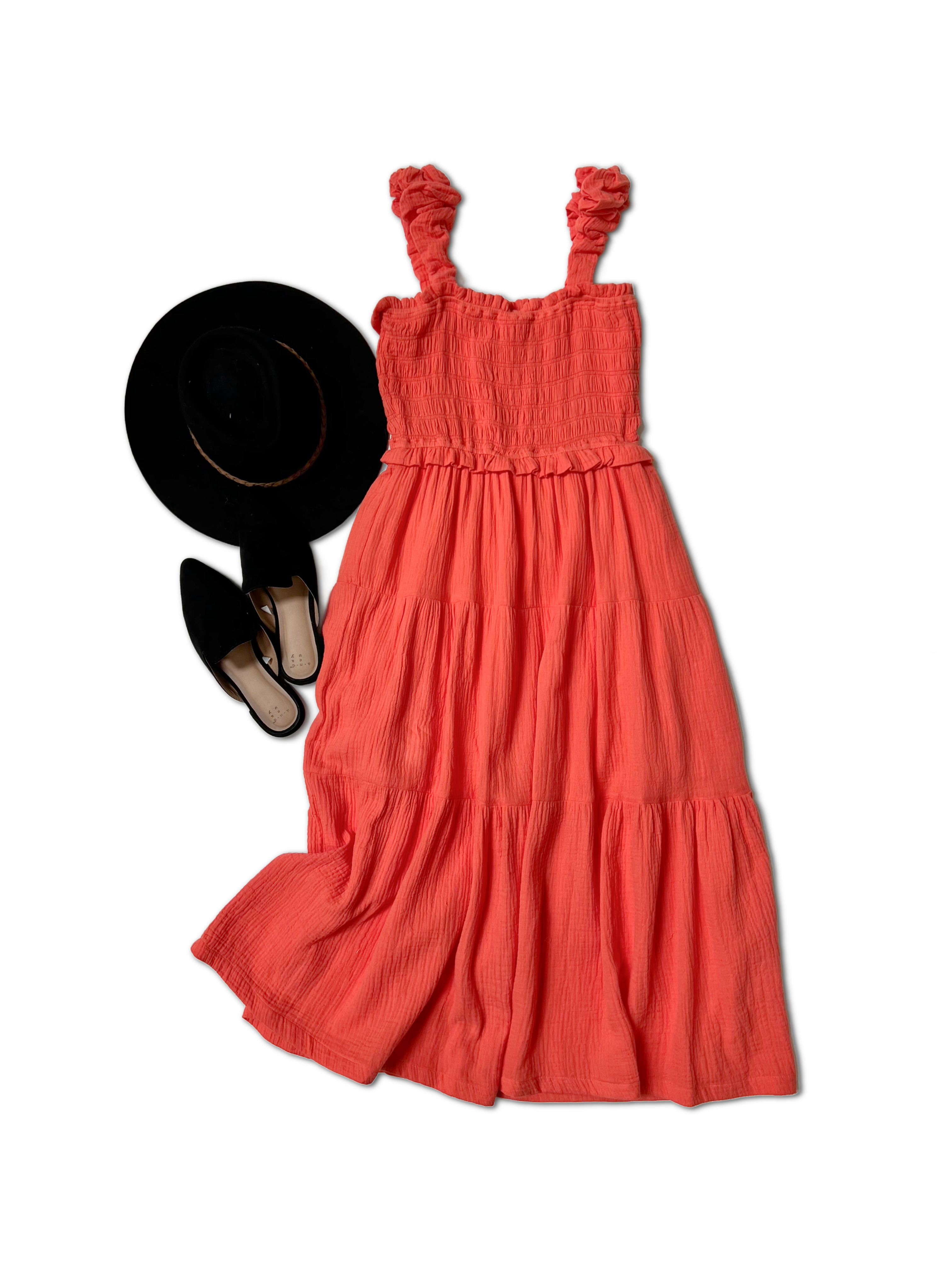 Flat Lay of Orange Julieous Midi Dress - Brand is And The Why