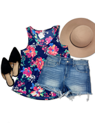 Flat lay of Navy Tank Top with beautiful Pink Florals