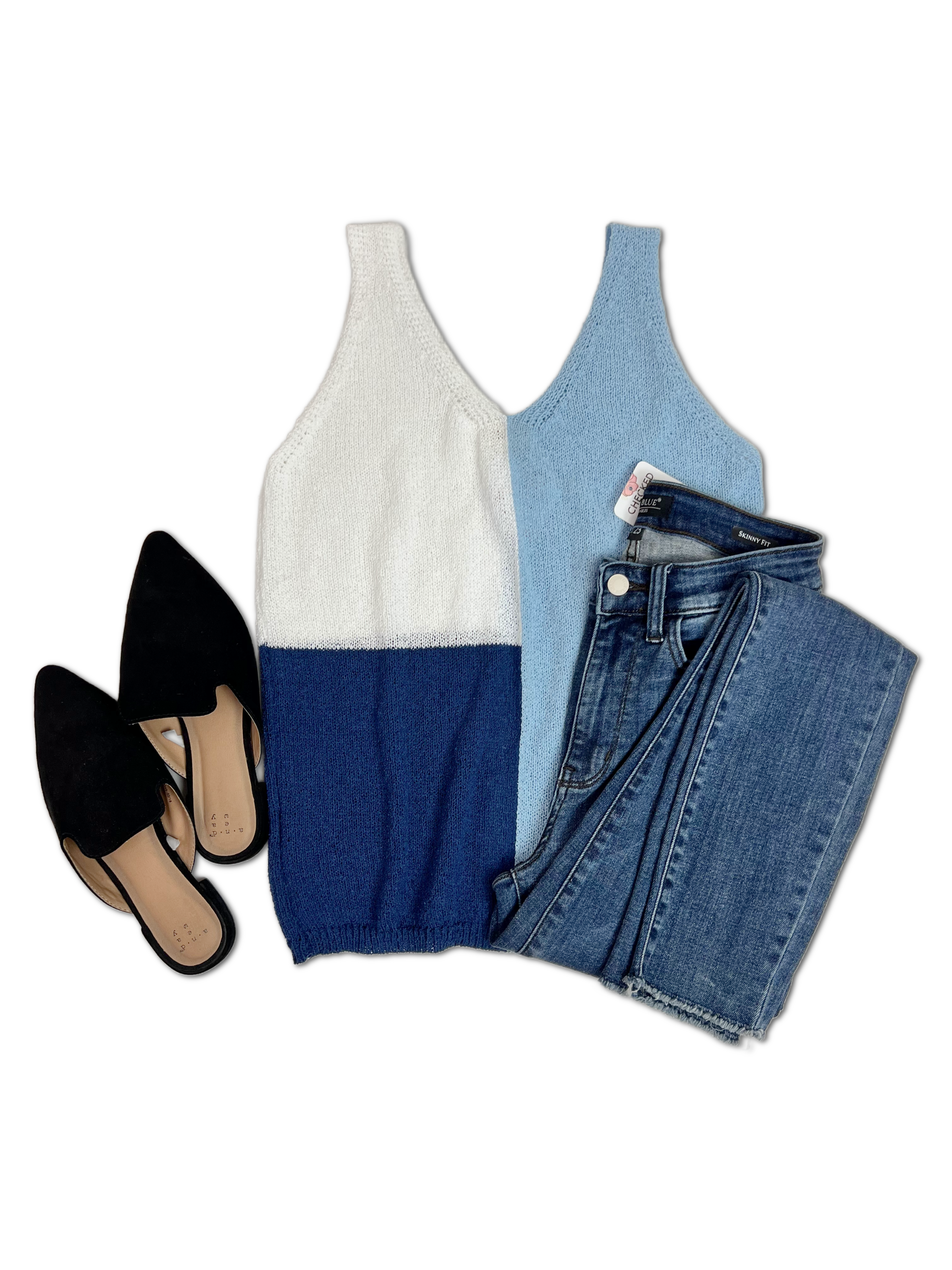 Beach Blues Colorblocked Tank in Navy, White & Light Blue flat lay with denim jeans