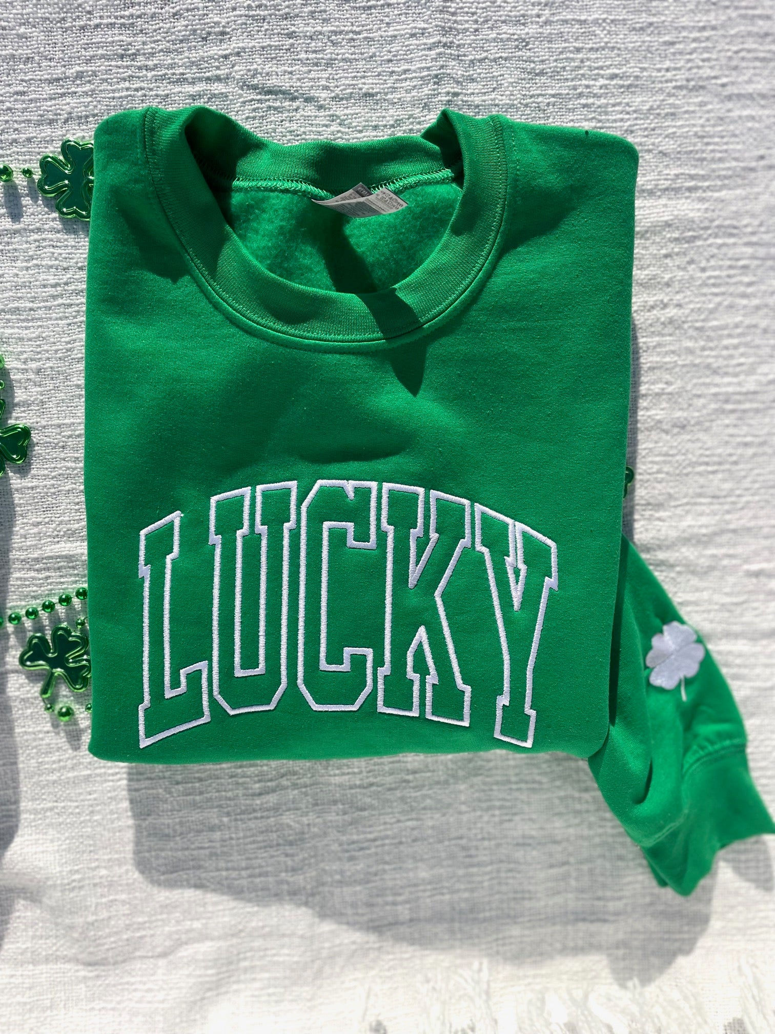 Embroidered Lucky Sweatshirt on Kelly Green sweatshirt