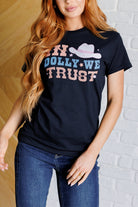 In Dolly We Trust tee with cowgirl hat and western font