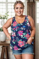 Indigo Floral - Sleeveless Tank Top on Navy with Pink & Green florals