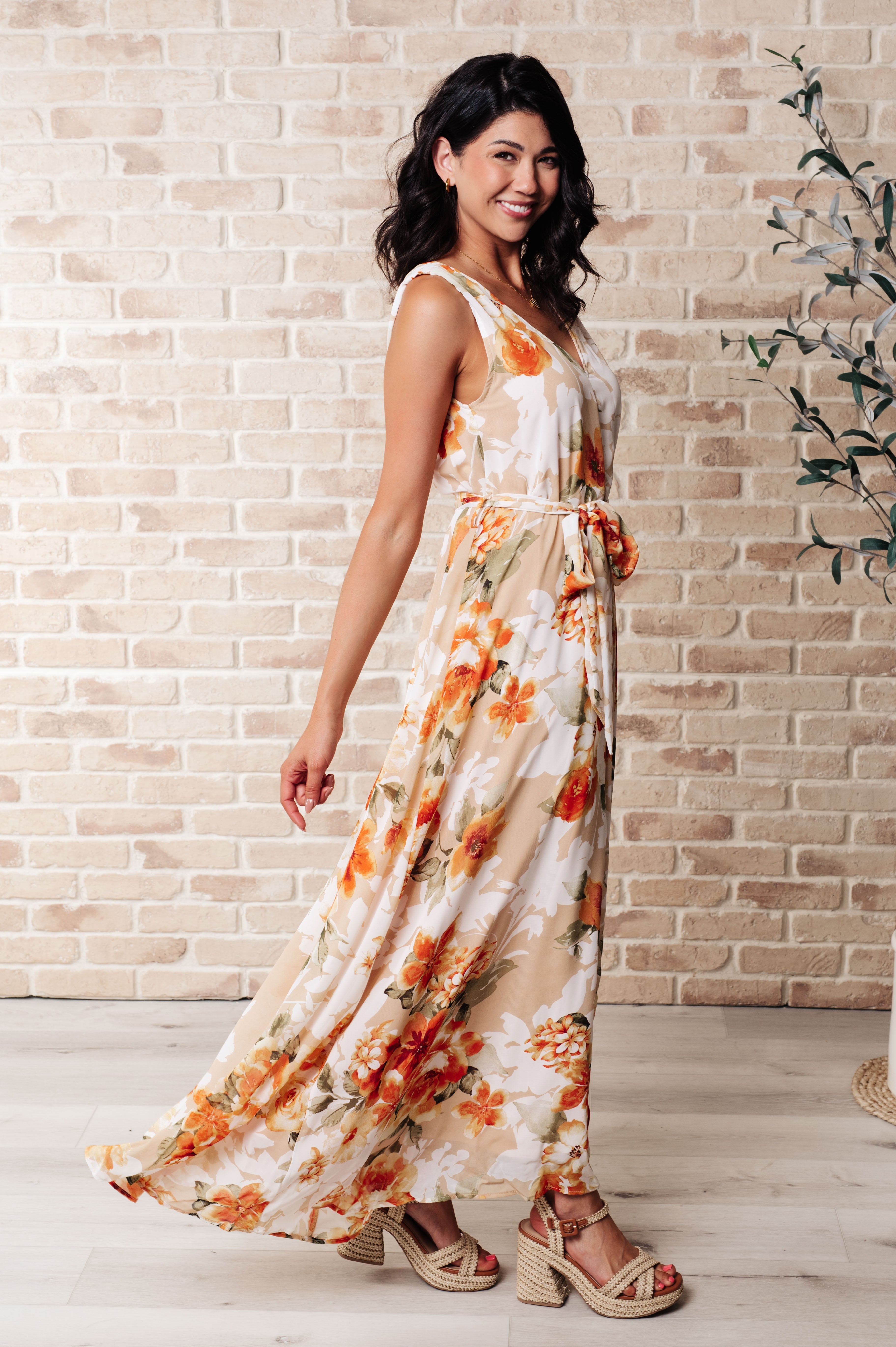 It's All Sunshine V-Neck Floral Dress in Orange-side profile full length