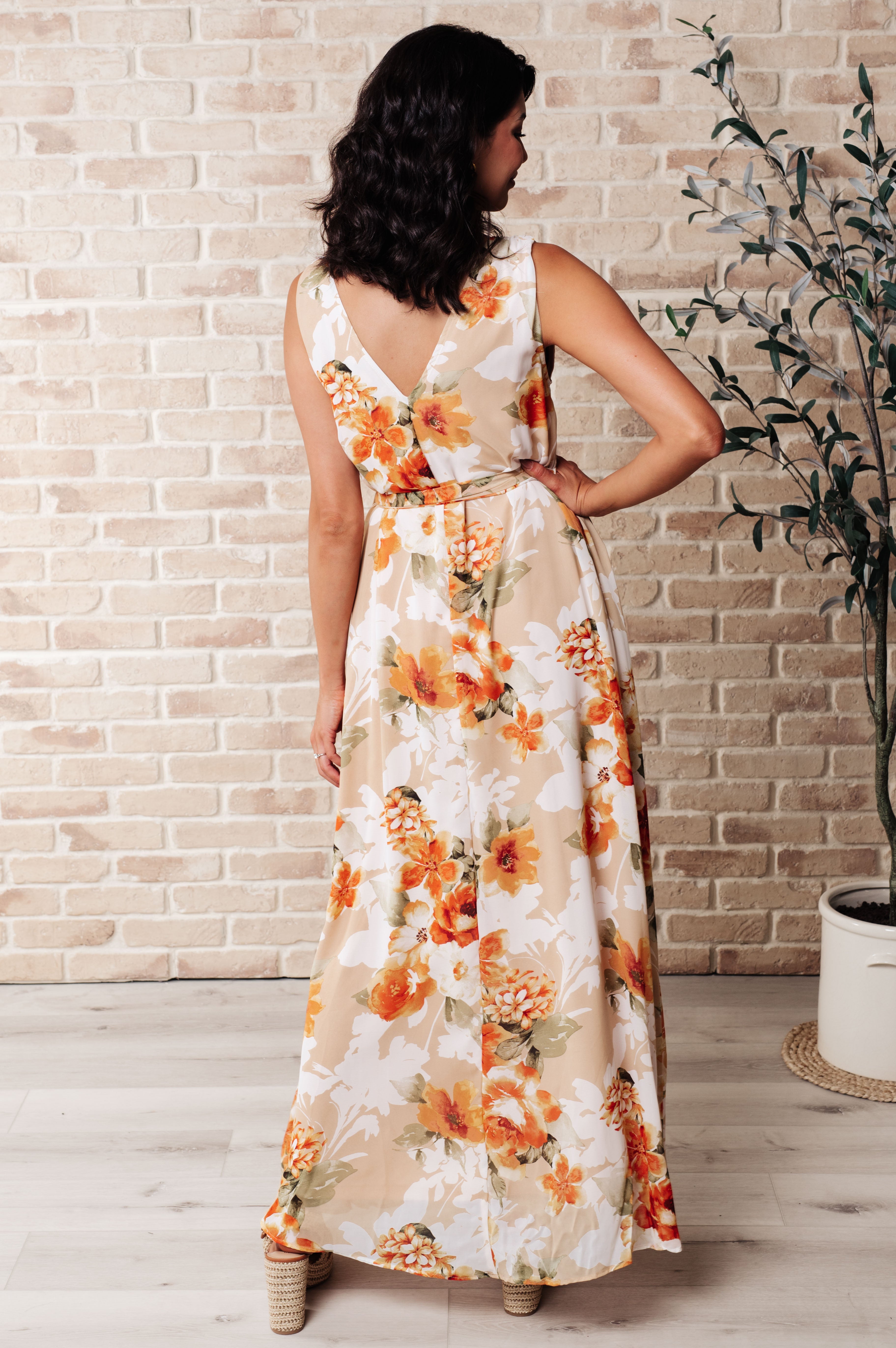 It's All Sunshine V-Neck Floral Dress in Orange-back detail