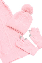 Touch screen compatable Pink Beanie, scarf, and glove set