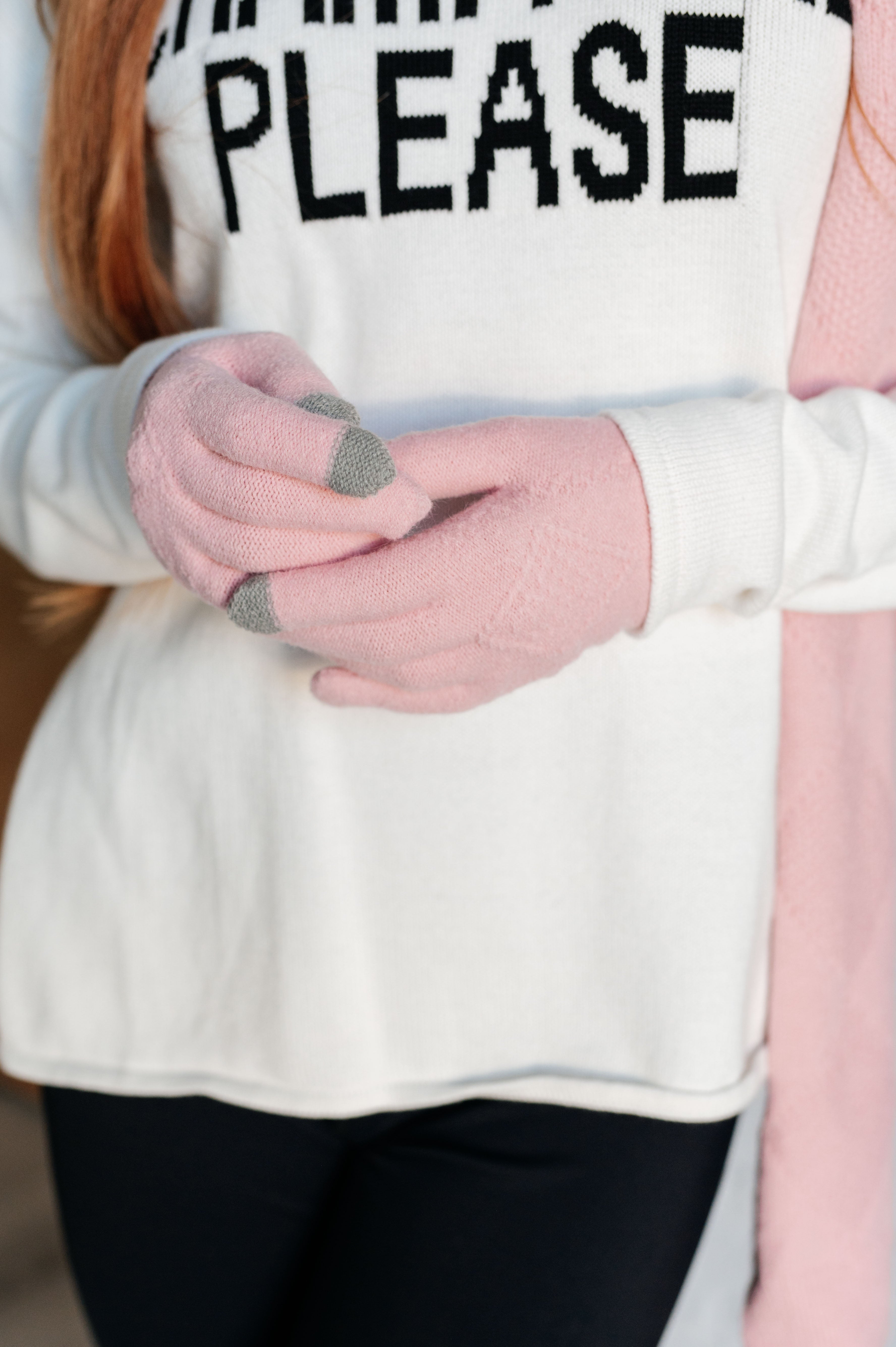 Pink Beanie, scarf, and gloves with gray pointer finger set