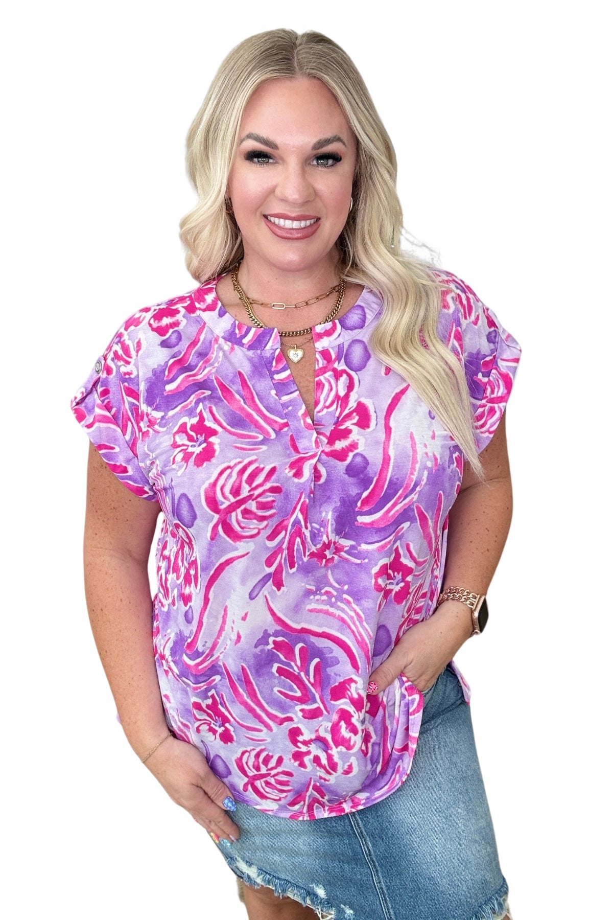 Lizzy Cap Sleeve Top in Purple and Hot Pink Watercolor by Dear Scarlett