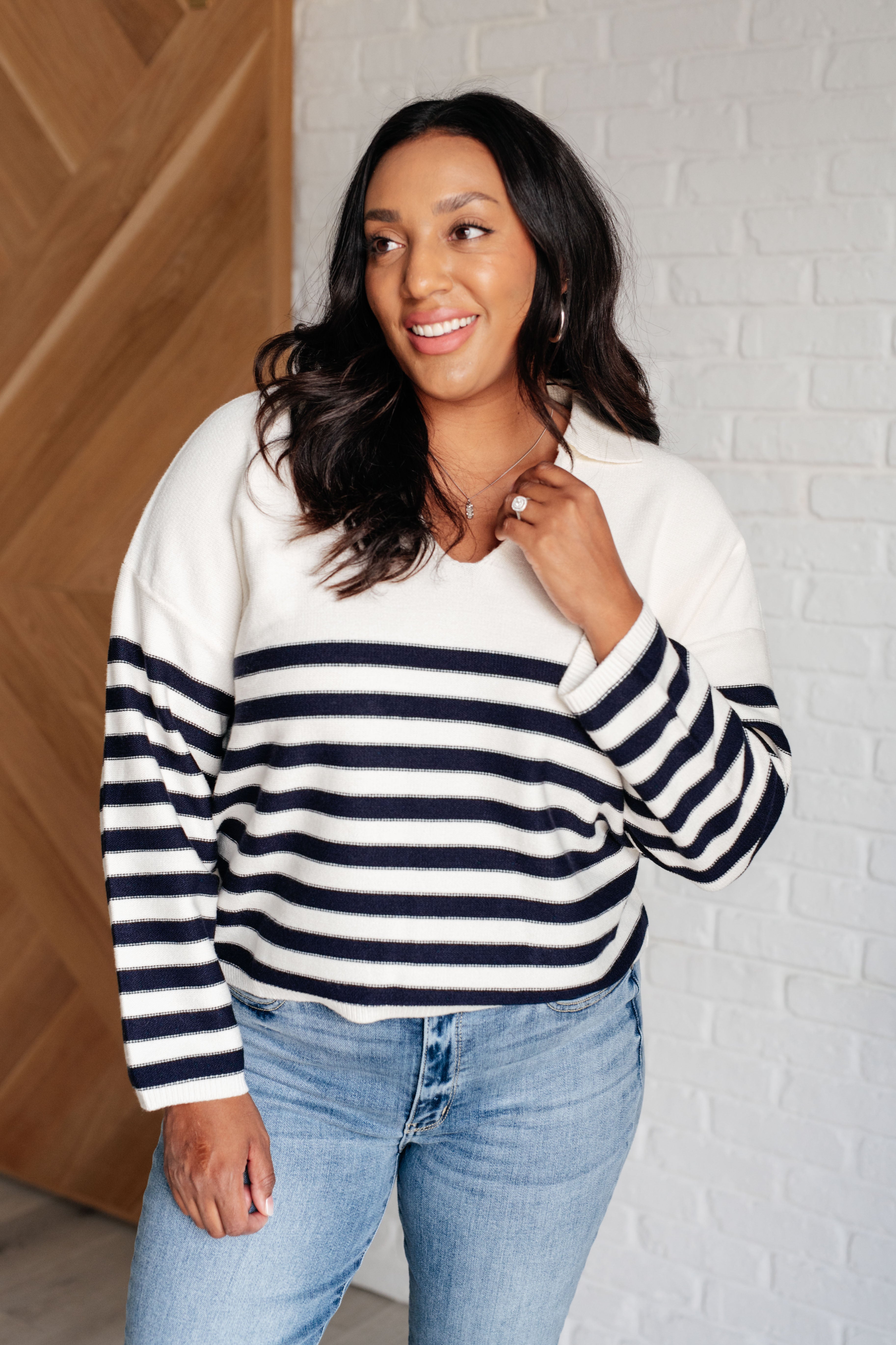 Memorable Moments White and Black Striped Sweater on Krychele Styled with Alana Judy Blue Jeans