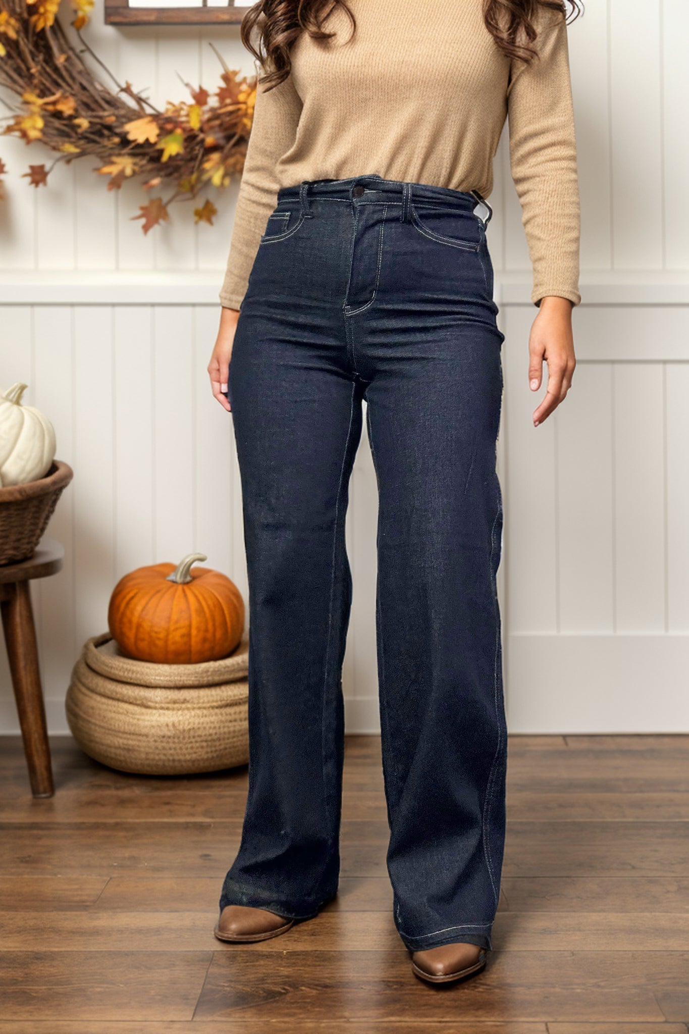 Judy Blue Midnight Denim Wide Leg Jeans on model