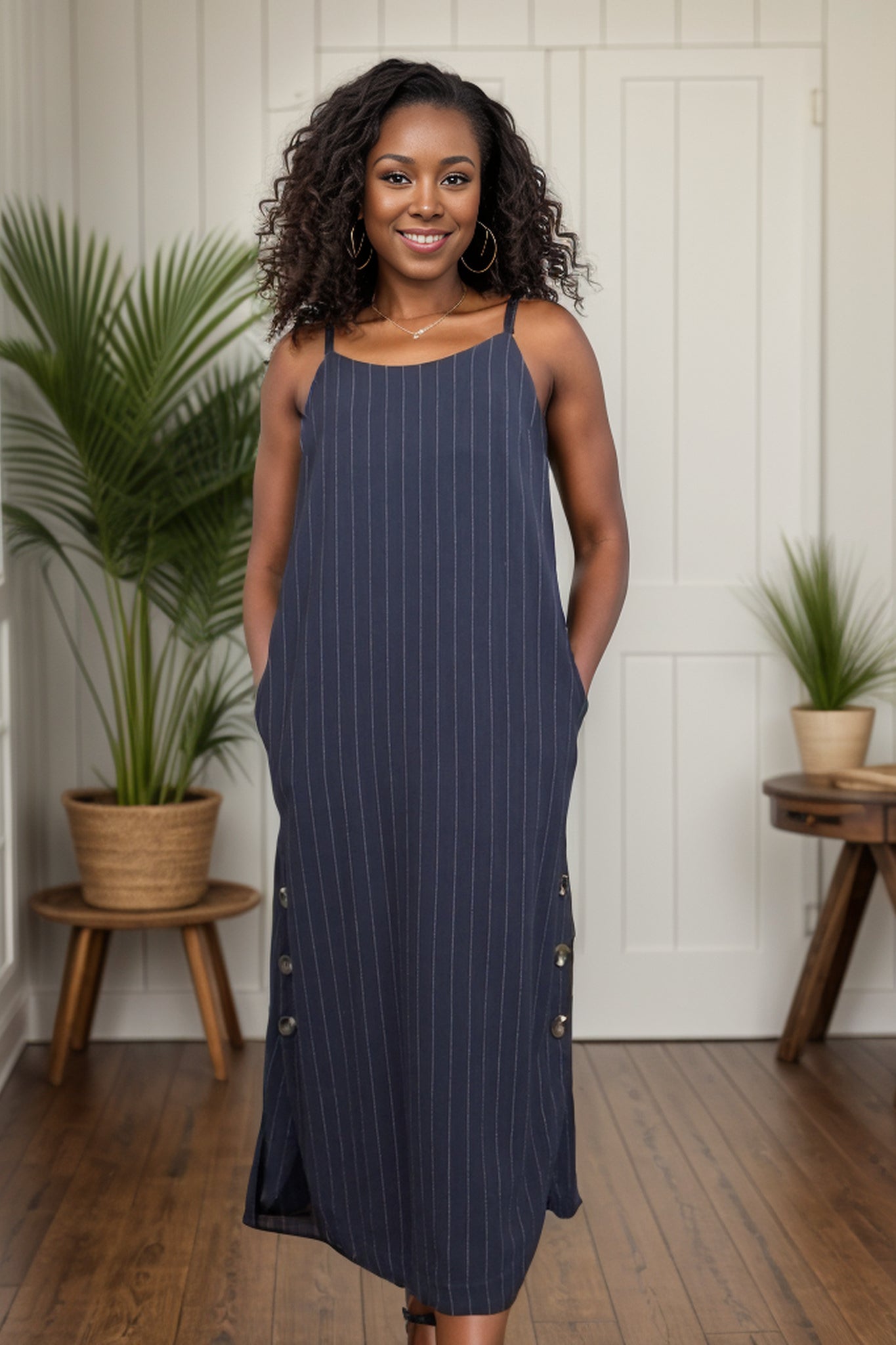 White Birch Pinstriped Navy Midi Dress