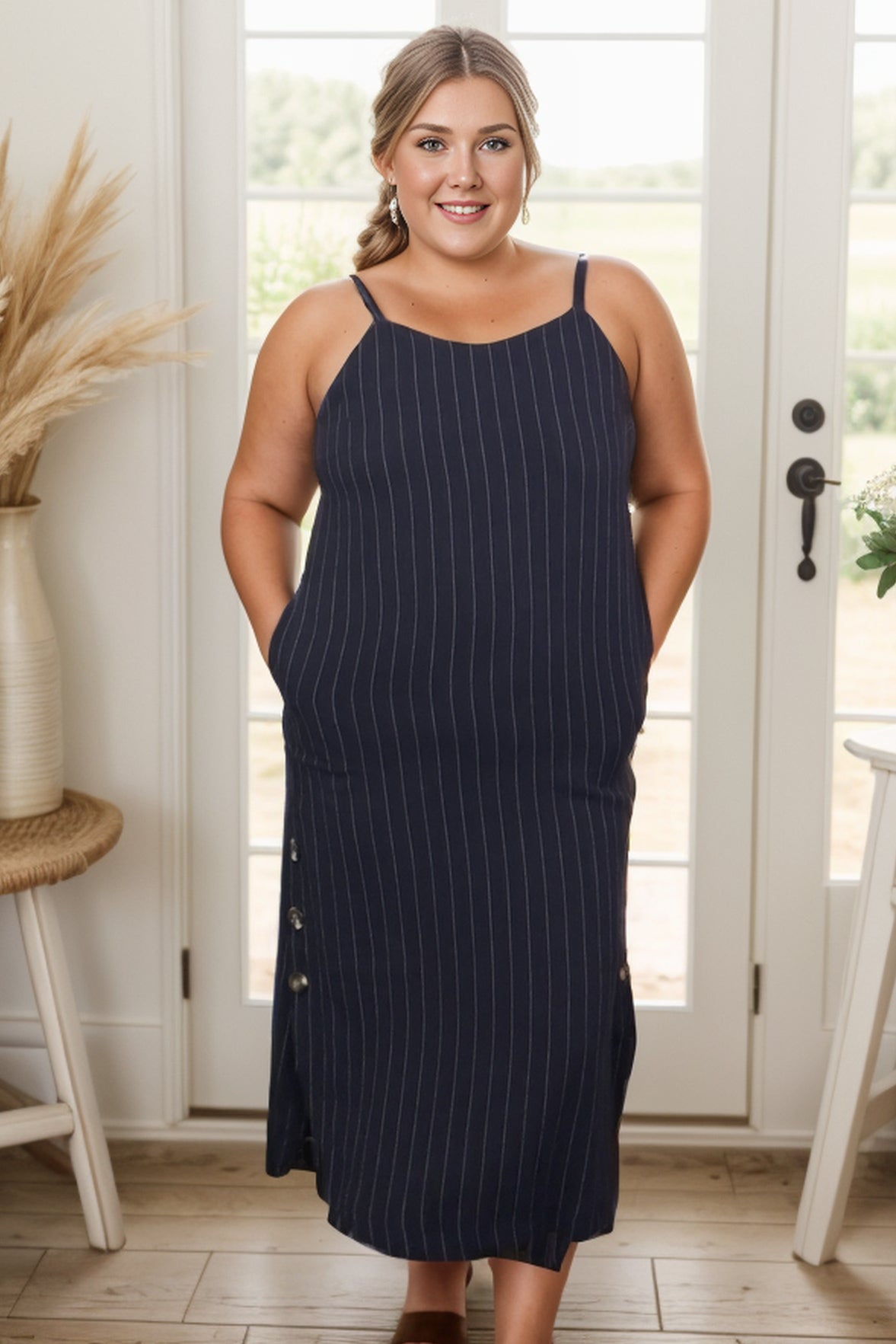 White Birch Pinstriped Navy Midi Dress