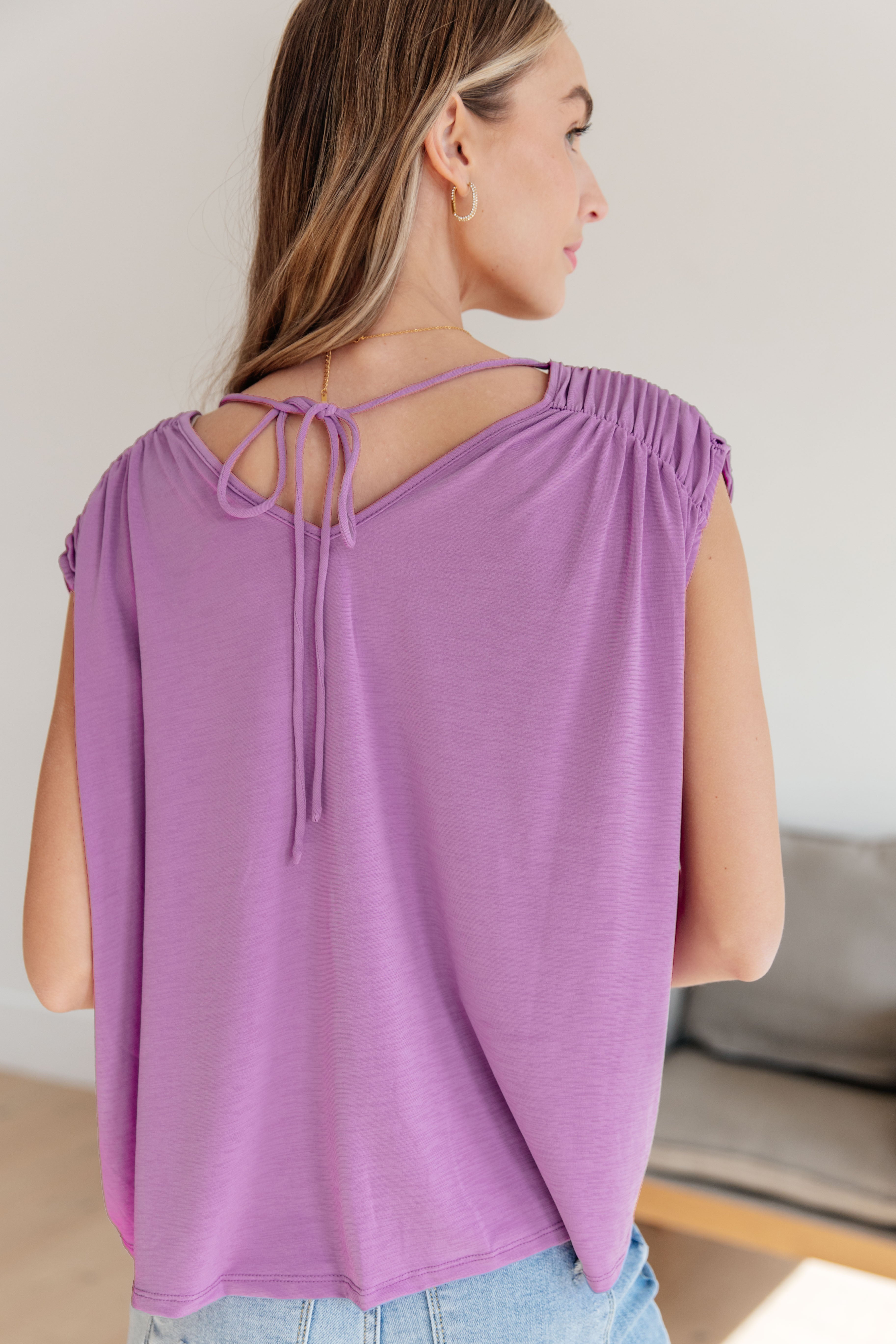 Back view of Dear Scarlett Lavender top