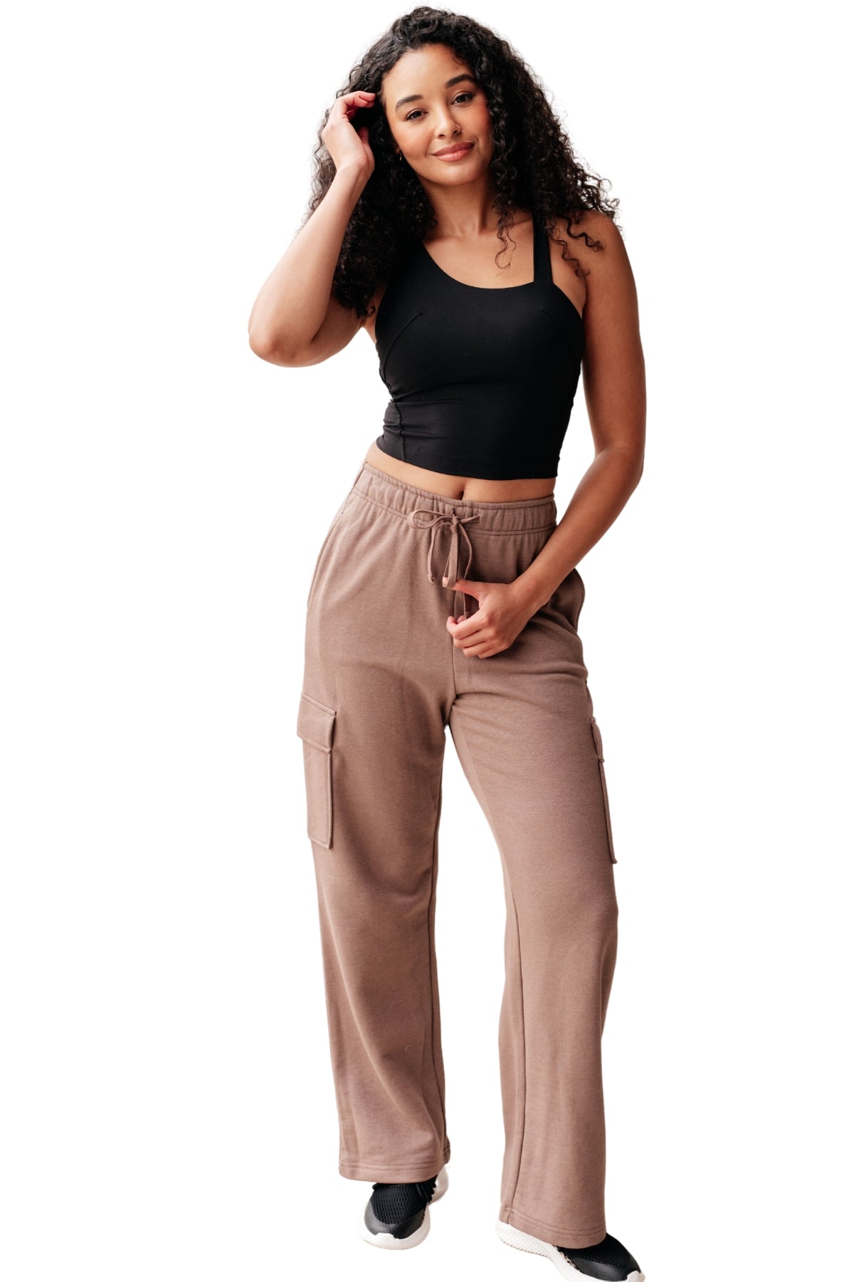 Brown cargo pocket sweats with tie waist 