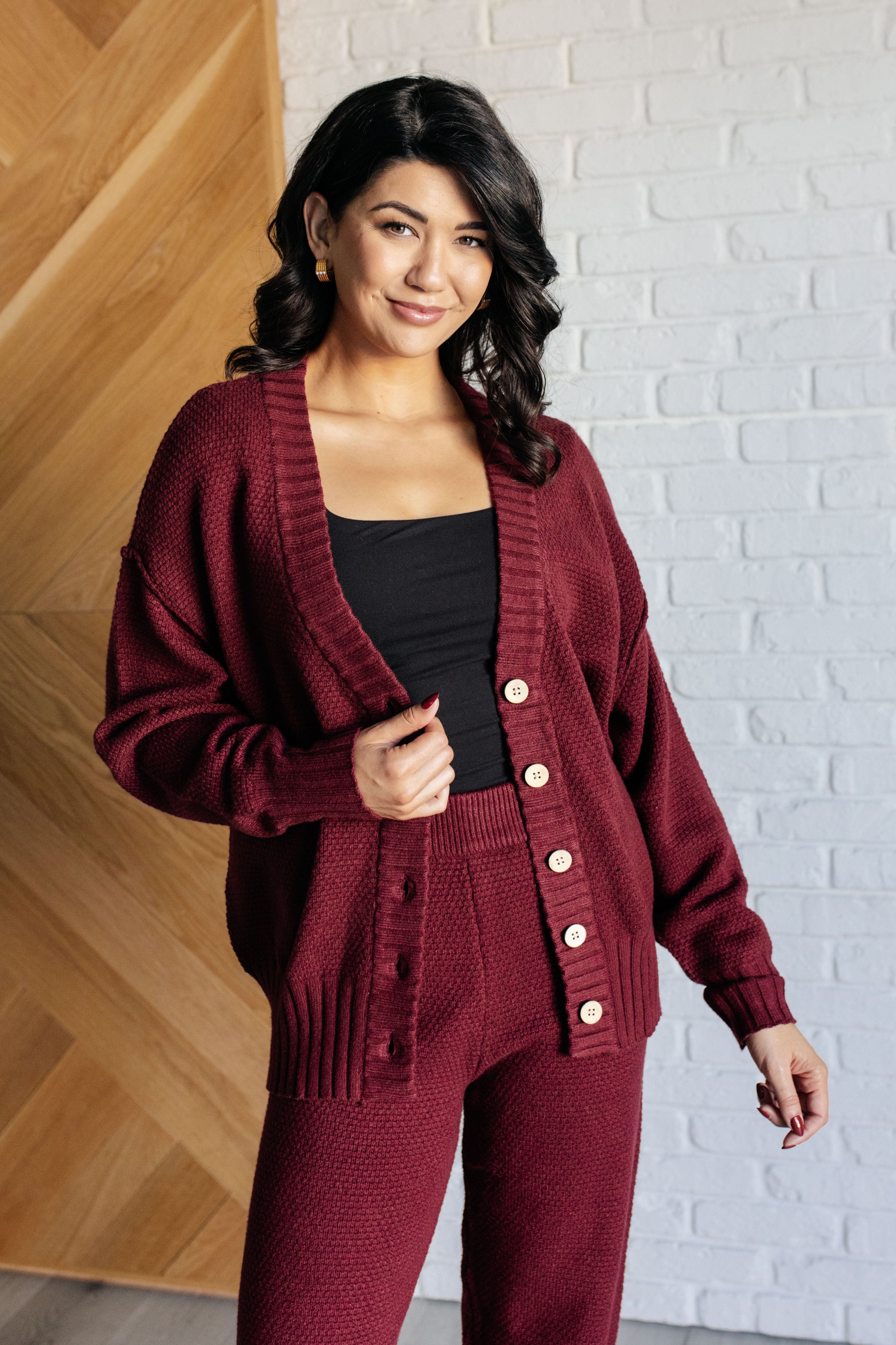 Rae Mode Simple Solution Knit Set in Wine - button front cardigan and matching pants