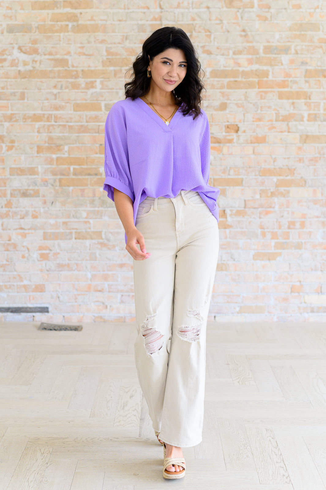 Up For Anything V-Neck Blouse in Lavender by Andree by Unit styled with Judy Blue denim