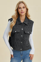 Quilted Textured Black Vest with Button Snaps, front pockets, and collar