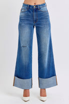 Judy Blue Distressed High Waist Wide Leg Long Hem Jeans