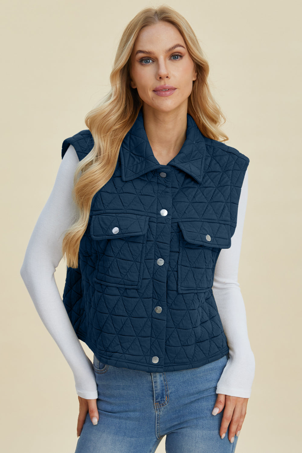 Quilted Textured Blue Vest with Button Snaps