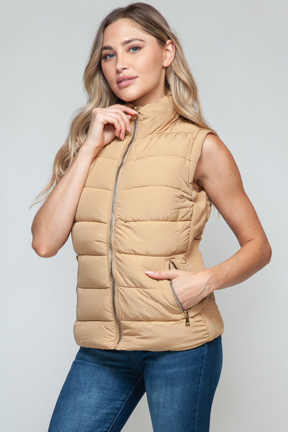 Tan Beige Vest with zip puffer front