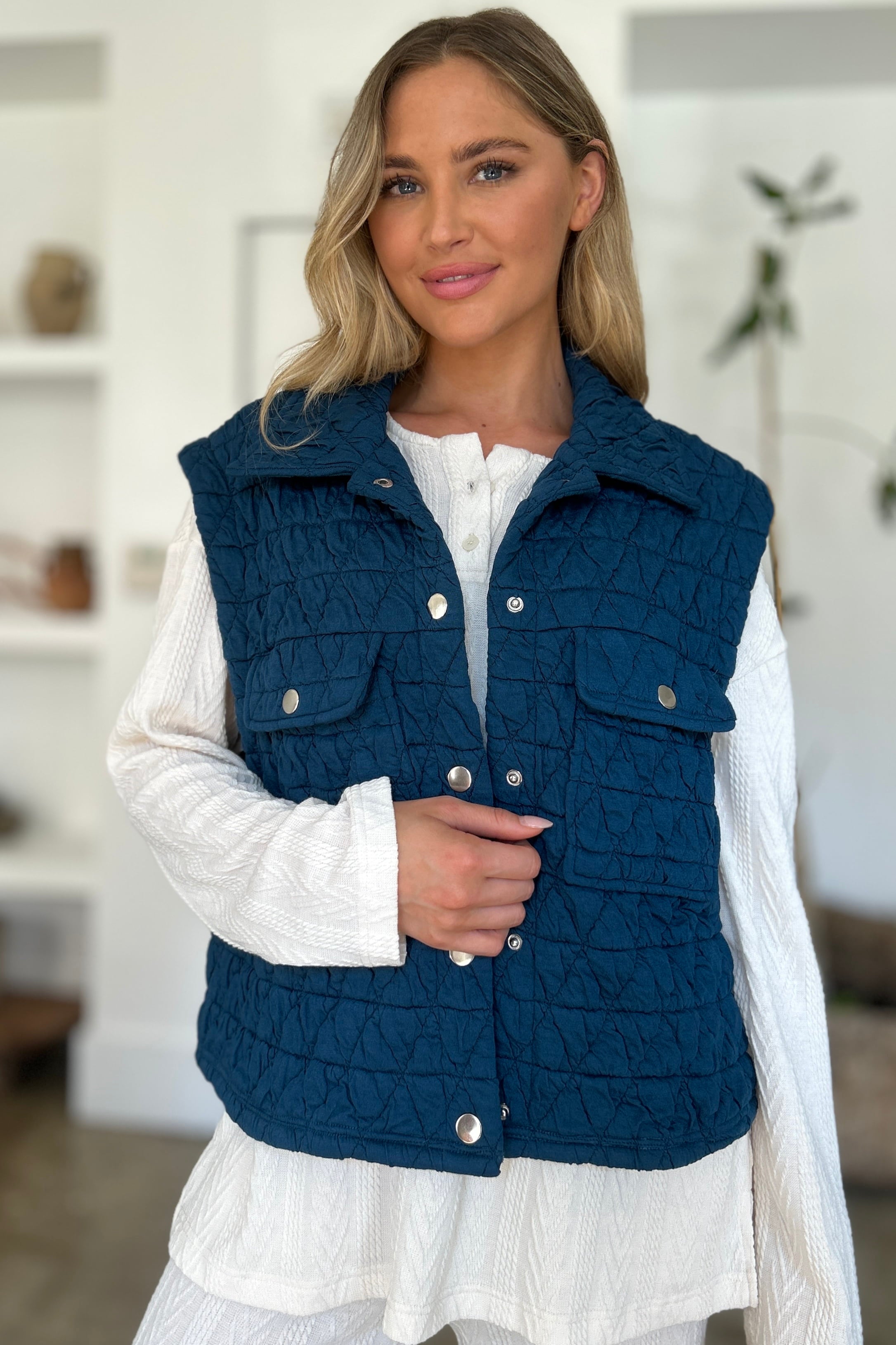 Quilted Textured Peacock Blue Vest with Button Snaps