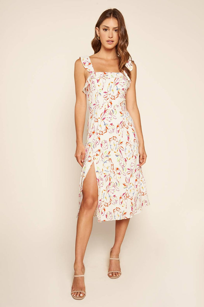 Carmen Ruffle Trim Midi Dress with Colored Floral Print (full front)