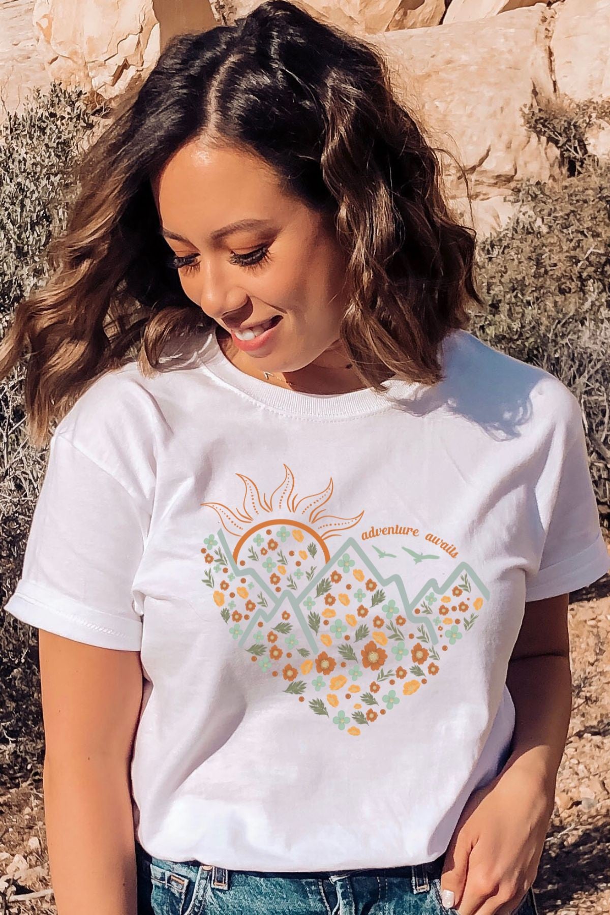 Adventure Awaits Graphic Tee in Wildflower Print (White)