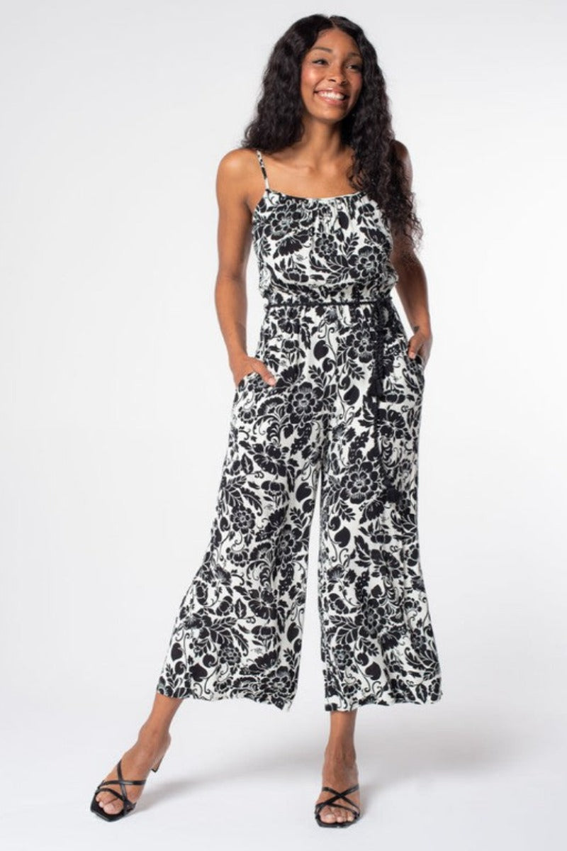 Isabella Black and White Floral Wide Leg Jumpsuit (wide leg stance)