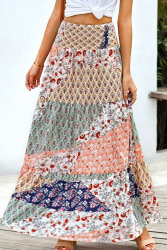 Calypso Long Boho Skirt in Multi-Color Pattern Tiers (tiered patterns)