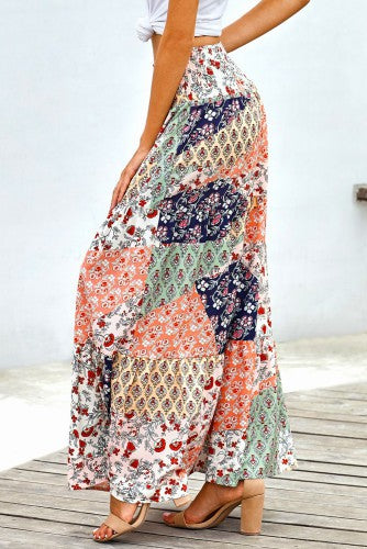 Calypso Long Boho Skirt in Multi-Color Pattern Tiers (side view)